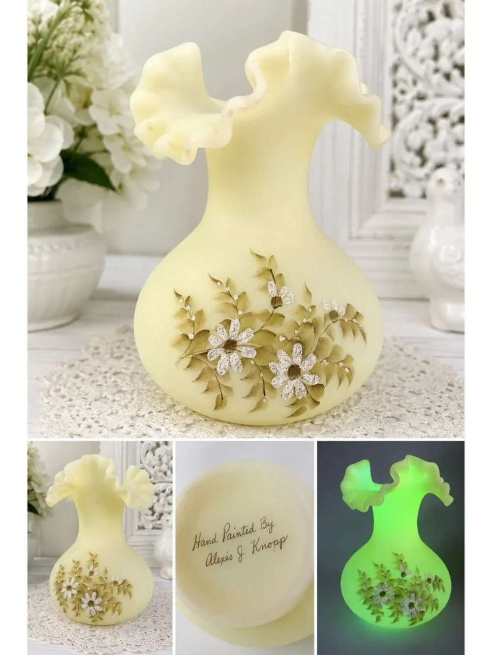 Vintage Fenton Custard Satin Uranium Glass Hand Painted Vase Alexis J Knopp UV